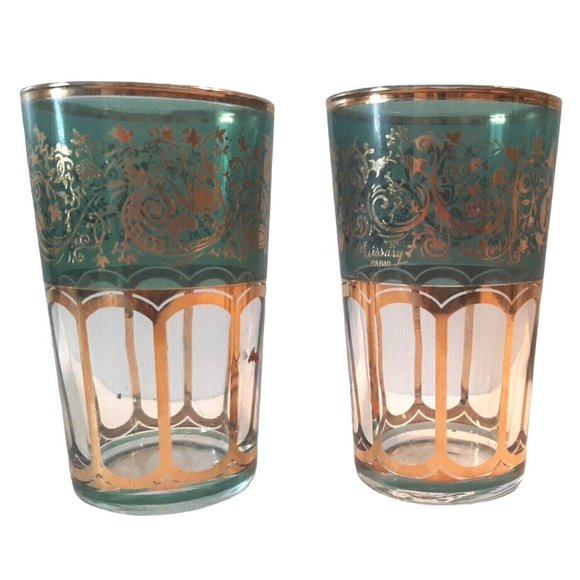 2 Moroccan Tea Glasses Missary Paris Green and Gold Juice Paisley - Picture 2 of 12